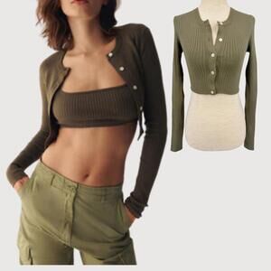 Kith Cropped Ribbed Cardigan Olive XS